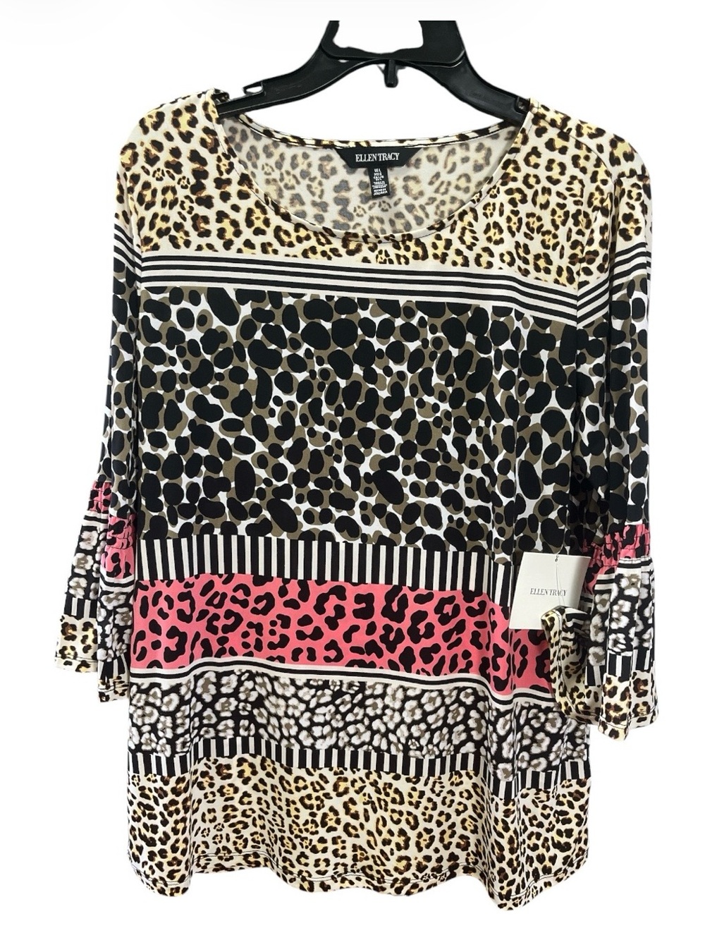 NWT Ellen Tracy Mixed Leopard Animal Print Ruffle Sleeve Top Size L